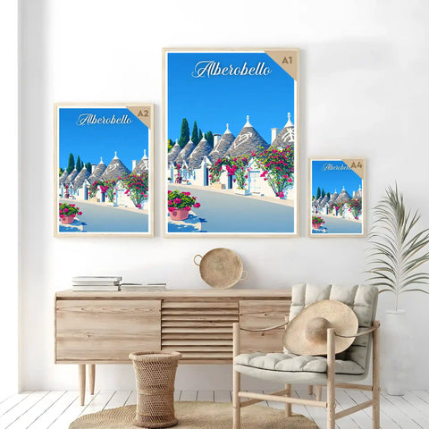 Poster Alberobello Stampa Manifesto Vintage Retro Illustrato