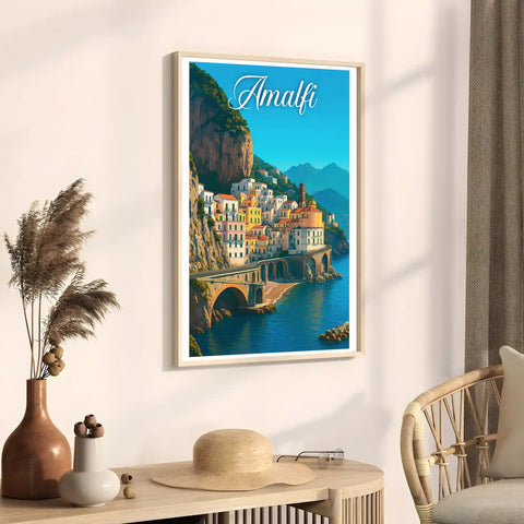 Poster vintage di Amalfi - illustrazione retrò, Costiera Amalfitana, Campania, Italia