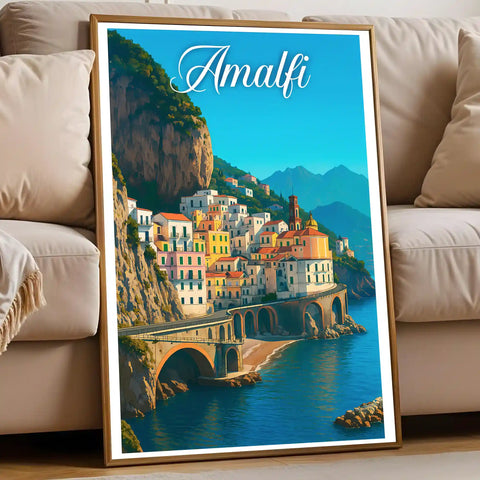 Poster vintage di Amalfi - illustrazione retrò, Costiera Amalfitana, Campania, Italia