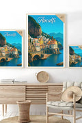 Poster vintage di Amalfi - illustrazione retrò, Costiera Amalfitana, Campania, Italia