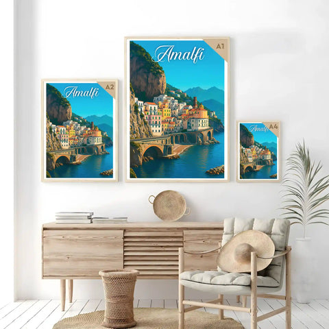 Poster vintage di Amalfi - illustrazione retrò, Costiera Amalfitana, Campania, Italia