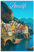 Poster vintage di Amalfi - illustrazione retrò, Costiera Amalfitana, Campania, Italia