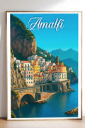 Poster vintage di Amalfi - illustrazione retrò, Costiera Amalfitana, Campania, Italia