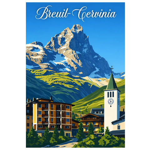 Poster Breuil-Cervinia Stampa Manifesto Vintage Retro Illustrato
