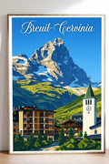 Poster Breuil-Cervinia Stampa Manifesto Vintage Retro Illustrato