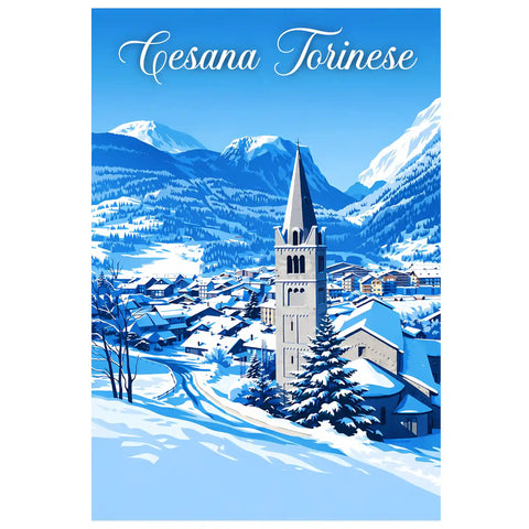 Poster Cesana Torinese Stampa Vintage Retro Illustration