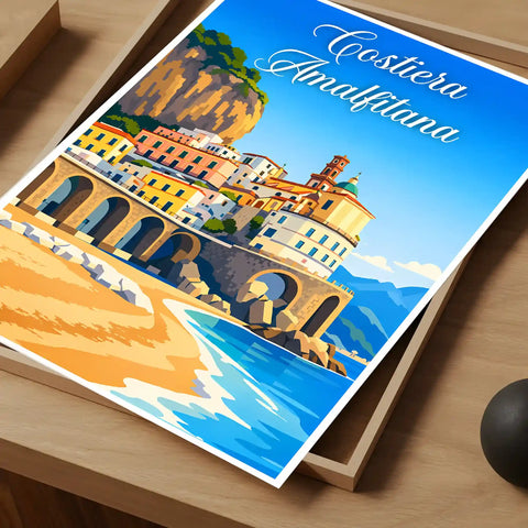 Poster Costiera Amalfitana Stampa Manifesto Vintage Retro Illustrato