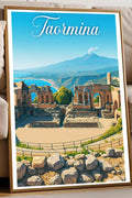 Poster vintage di Taormina - illustrazione retrò, Sicilia, Italia